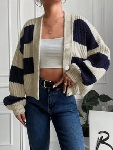 EURMUSE Women's Casual Colorblock Striped Front Button Knitted Cardigan, Spring & Autumn - Navy Blue - View 4