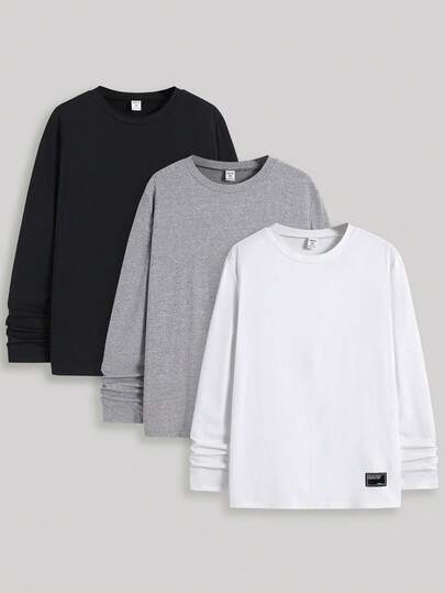 SHEIN 青少年男孩 3 件套休闲简约舒适百搭保暖超划算净色简约圆领 T 恤多件装返校节；文艺复兴；秋季服装；青少年男孩服装；机场；鸡尾酒会；秋冬