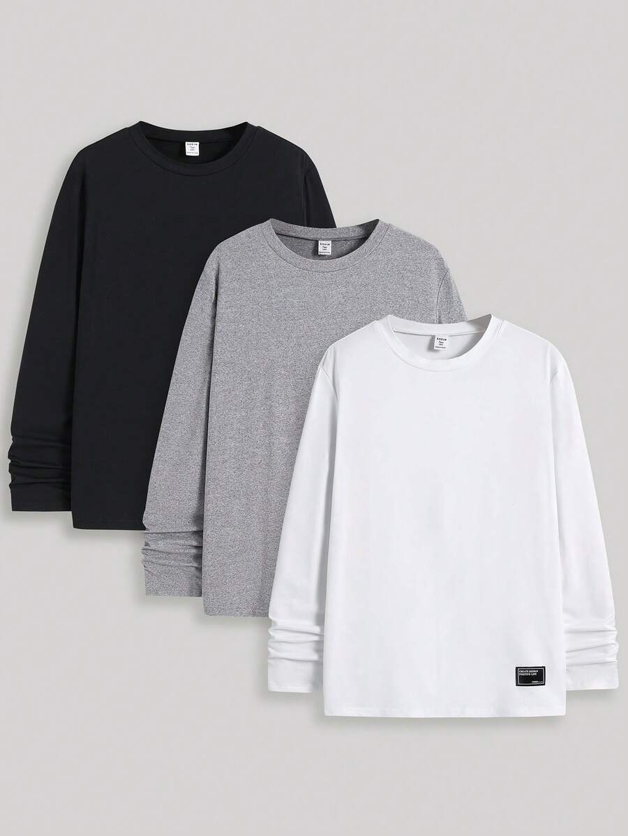 SHEIN 青少年男童三件套,休闲、简约、舒适、百搭、保暖、超高性价比,纯色,简约圆领T恤,多件装,适合秋冬季节,冬季服装,圣诞节,黑色上衣,白色上衣,灰色上衣,青少年基础款上衣,长袖男童 - 黑與白 - 查看 1