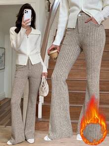 Elyressa 女式休闲通勤简约纯色罗纹喇叭保暖裤 - 杏色 - 查看 1