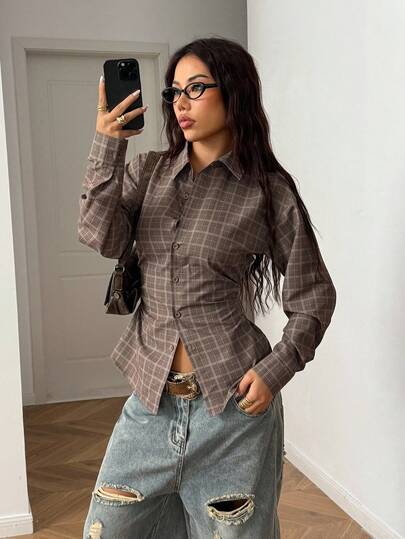 StreetHx Camisa de manga larga cómoda con cuadros marrones, ajuste ceñido en la cintura, cordones, estilo retro 2000s Y2K y preppy, para otoño/invierno