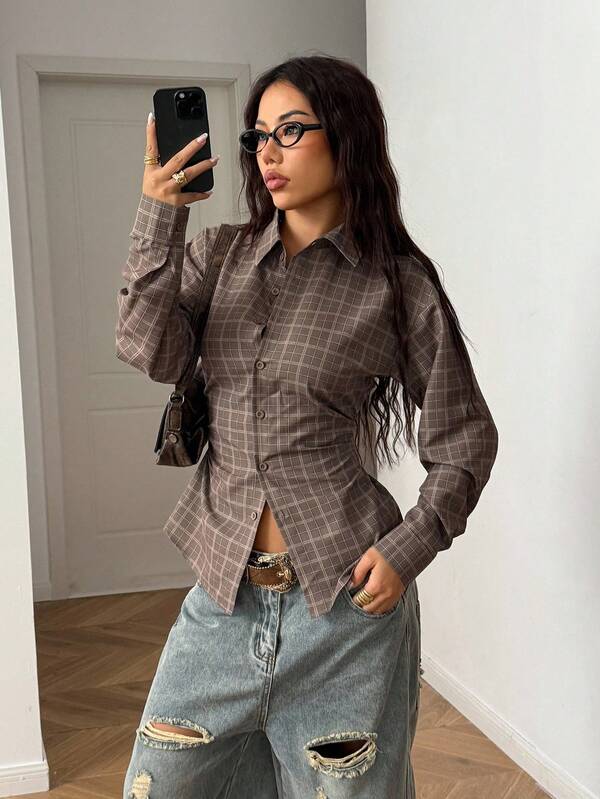 StreetHx Camisa feminina xadrez marrom com cadarço na cintura, justa, grande, retrô, anos 2000, Y2K, preppy, confortável, manga comprida, outono/inverno