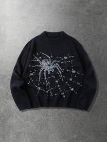 ROMWE MEN Street Life Men's Spider Pattern Loose Fit Long Sleeve Sweater, Winter - Black - View 4