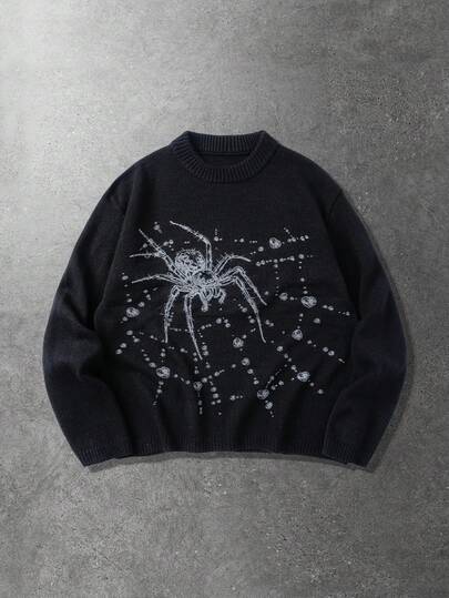 Men's Spider Print Loose Fit Long Sleeve Sweater