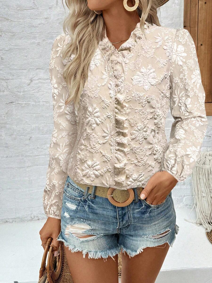 بلوزة أنيقة للنساء بياقة على شكل حرف V ، أكمام منتفخة مكسرة ، قصة موديل للاستخدام اليومي