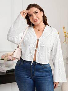 Reflora Women's White Semi-Sheer V Neck Blouse With Wrist-Length Flare Sleeves And Floral Pattern - White - View 5