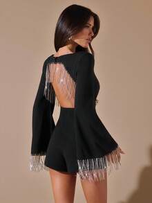 SHEIN BAE Bộ đồ liền thân tay dài hở lưng tua rua đính đá, thích hợp cho tiệc cocktail, hẹn hò lãng mạn, mặc nhiều lớp mùa thu/đông, tụ họp, sự kiện trang trọng, Halloween, Giáng sinh - màu đen - Xem 6
