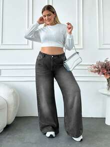 EURMUSE PLUS SIZE DENIM BAGGY WIDE LEG MID WAIST JEANS - Black - View 3