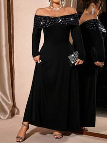 Plus Size Women Elegant Off Shoulder Dress, Suitable For Party And Date - Black - View 3