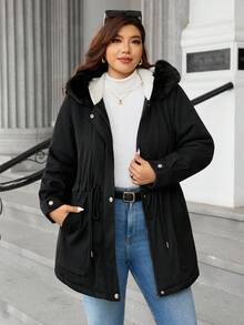Easura Abrigo con capucha, cintura ceñida y manga larga + cuello desmontable de piel acolchado para tallas grandes