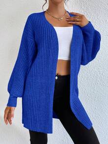 EURMUSE Drop Shoulder Open Front Ribbed Knit Duster Cardigan - Blue - View 4