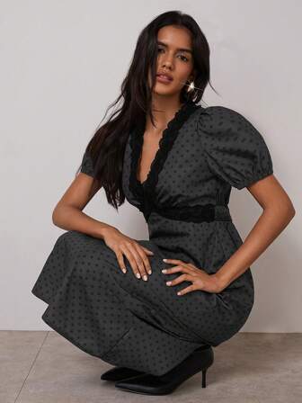 COSMINA Kadınlar İçin Zarif Derin V Yakalı Puf Kollu Midi Elbise, Randevular, İşe Gidiş, Ofis ve Düğün Misafirleri İçin Uygun