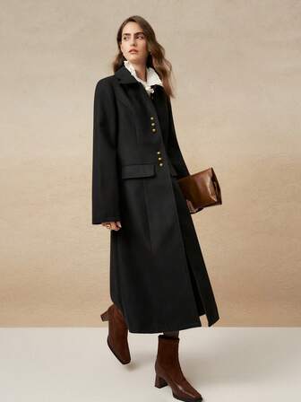 Cévolie Women's Autumn/Winter New French Elegant Turndown Collar Waist Cinched High-End Mid-Length Wool Blend Coat