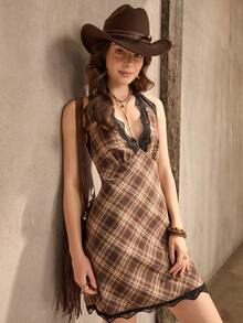 Wildy Casual American Western Plaid Contrast Lace Mini Dress - Multicolor - View 3