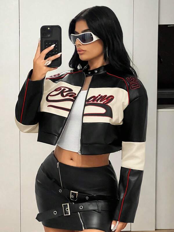 SHEIN ICON Chaqueta de mujer con mangas largas, de cuero sintético con bloques de color y estampado, para otoño/invierno