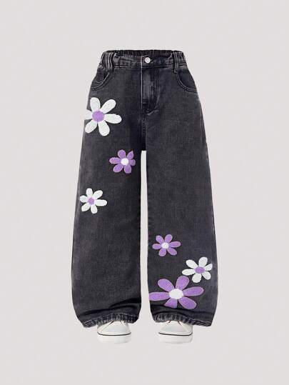 Young Girl Y2k Vintage Washed Flower Flocking Jeans, School, Campus, Autumn And Winter Holiday Jeans, Fashionable, Vintage Washed Denim Trousers, 90s