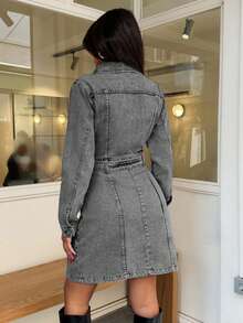 EURMUSE Mini Button And Belt Detailed Rigid Denim Dress - Grey - View 2