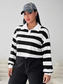 SHEIN EZwear 大碼條紋印花落肩袖Polo領運動衫 - 黑與白 - 查看 6