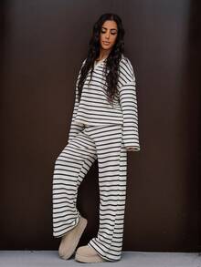 SAYEHFBABY Women's 2pcs Set Loose Striped V-Neck Drop Shoulder Long Sleeve T-Shirt &Elastic Waist Striped Pants, Winter Sweater Suit ,Autumn/Winter Women Striped Lounge Set Two Pieces Pants Set Women Two Pieces Set Casual Two Pieces Set Striped Two Pieces Set Comfortable Two Pieces Set - Black and White - View 4