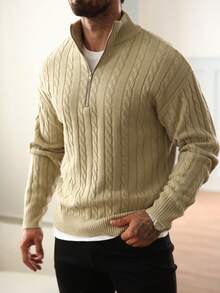 Manfinity Homme 男士休闲拉链半开襟长袖毛衣，秋冬 - 橄欖綠 - 查看 3