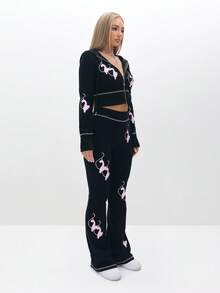 BABYPHAT 女士猫咪印花长袖拉链短款连帽衫 - 黑色 - 查看 3