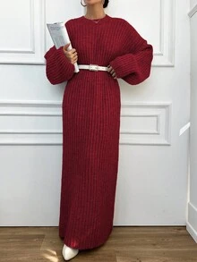 EURMUSE 女士纯色休闲针织毛衣裙，简约时尚，适合日常穿着 - 酒紅色 - 查看 4