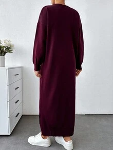 EURMUSE Solid Drop Shoulder Sweater Dress - Coffee Brown - View 2