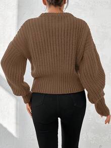 EURMUSE Women's Lantern Sleeve Drop Shoulder Sweater - Brown - View 2