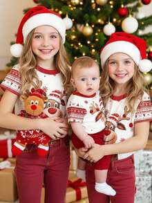 SHEIN Camiseta infantil Happikins para celebração de Natal, vermelha natalina, com estampa fofa de rena de desenho animado, flocos de neve em degradê, estampa Fair Isle com urso e rena, ideal para combinar com a família, presente de Natal, clima natalino, camiseta casual minimalista de manga curta e gola redonda, perfeita para o verão, todas as estações, para usar em casa e para festas de Natal. - Multicolorido - Ver 1