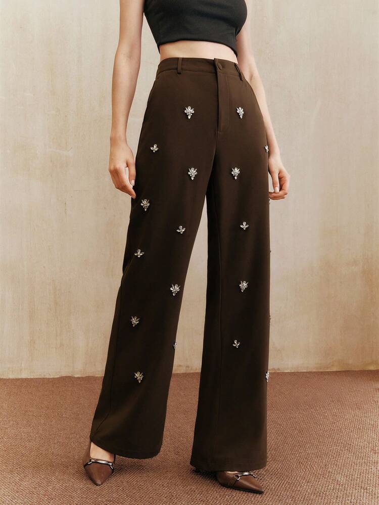 Women's Fashion Minimalist Luxurious Heavily Embellished High-End Rhinestone Embellished Slim-Fit Flared Leg Pants, Suitable For Evening Dress, Festival, Going Out, Elegant, Formal, Party, Fashion, Formal Wear, Work, Graduation