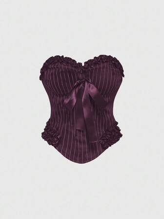 Goth Top corset con tirantes de tela a rayas de estilo gótico, color borgoña