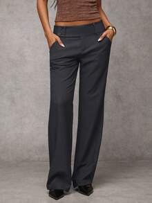 SHEIN BAE Women's Solid Color Waist Button Design Pocket Casual Flare Pants,Fall,Fall Clothes For Women,Winter Clothes For Women