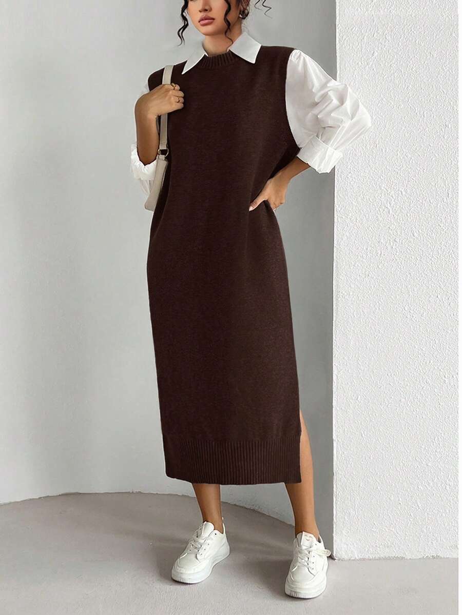 Elenzga 大码休闲纯色无袖侧开衩针织连衣裙