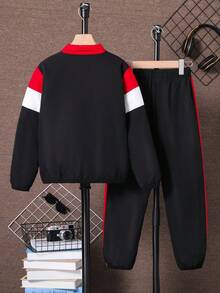 2 Stücke/Set Jungen Lässig Trainingsanzug, Farbblock Reißverschluss-Jacke und weite Jogginghose, sportlicher Outfit für Teenager, geeignet für Frühling/Herbst, Alltagstragen, Schule, Arbeit
