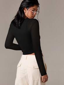 AiiRZ Long Sleeve Layered Crop Top With Round Neckline Fitted Silhouette Basic Essential - Black - View 2