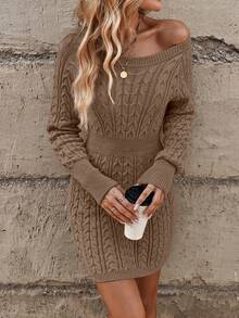 EMERY ROSE 纯色圆领休闲百搭长袖毛衣裙 - 卡其色 - 查看 5