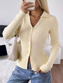 SHEIN EZwear 秋季新款奶油黄色V领修身女士开衫 - 米色 - 查看 3