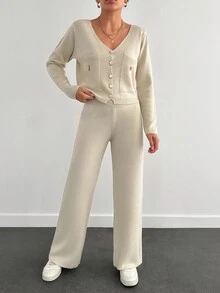 EURMUSE 2-Piece Floral Button Up Cardigan & Pants Set - Cream - View 3