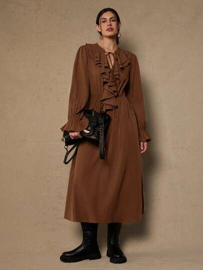 SHEIN VCAY Plus Size Solid Color Ruffle Tie Neck Elegant Long Sleeve Dress