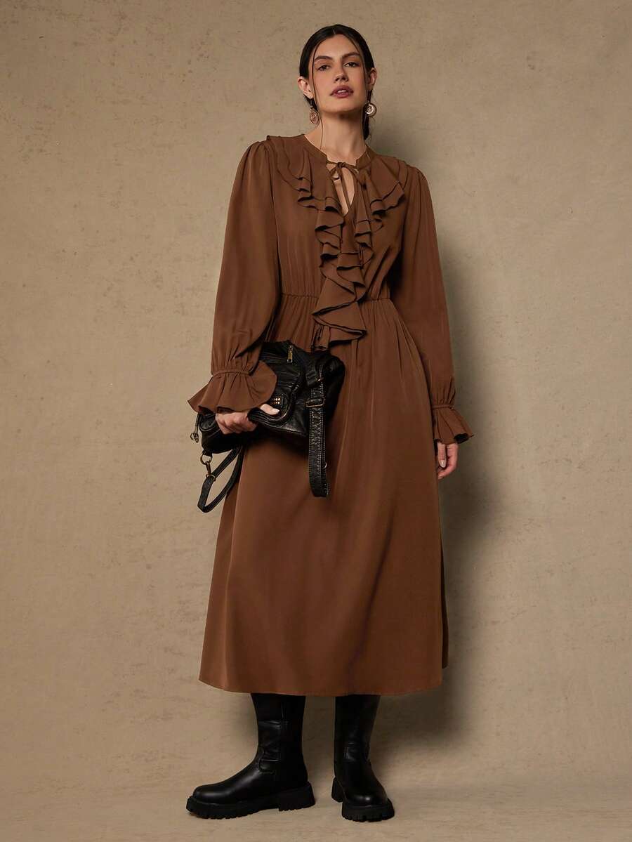 SHEIN VCAY 加大码纯色荷叶边系带优雅长袖连衣裙 - 咖啡棕 - 查看 1