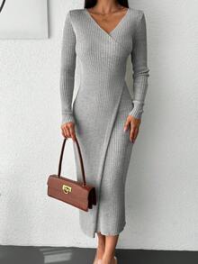 EURMUSE Rib-knit Wrap Sweater Dress - Grey - View 4