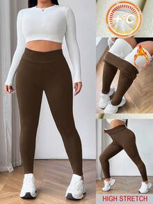 SHEIN EZwear Plus Size Women's High Waist Thick Warm Leggings For Autumn And Winter Thermal