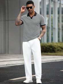 Manfinity CasualCool 男士翻领针织Polo衫，针织钩编面料，送给丈夫和男友的礼物，适合日常外出、朋友聚会和休闲周末穿着，INS高尔夫球衫畅销百搭单品，灰色针织短袖男士Polo衫 - 黑與白 - 查看 4