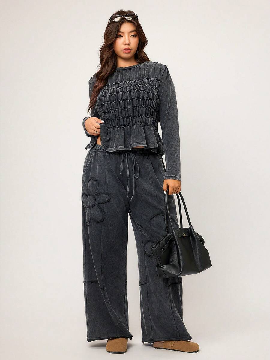 Elaquor Quần dệt kim màu đen rộng rãi, rách rưới cỡ lớn dành cho nữ - màu đen - Xem 1