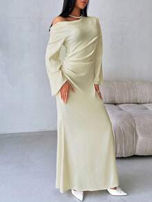 Aloruh Vestido maxi body con de cuello en V, con mangas abullonadas y drapeado, estilo elegante, color rosa, adecuado para el Día de San Valentín