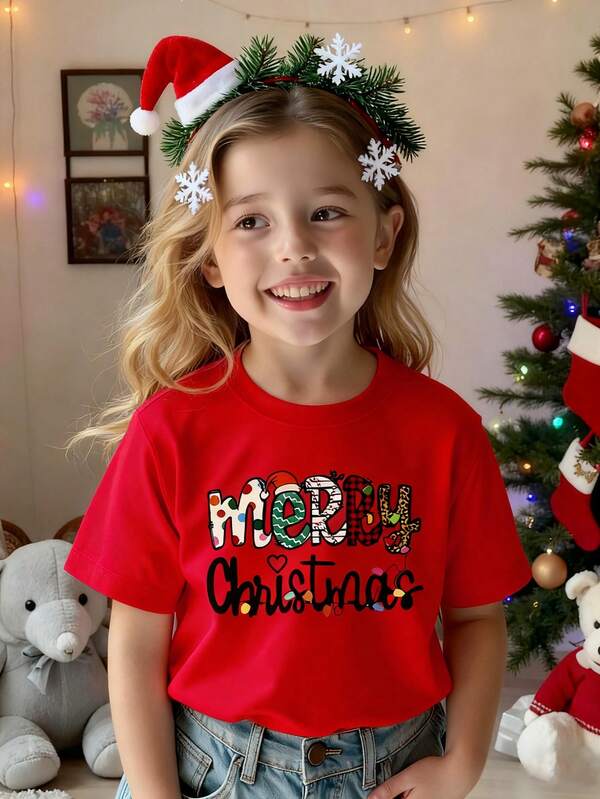 Merry Christmas Young Girls Casual Fashion Creative Personalized Cartoon Cute Bow Christmas Tree Snowflake Plaid Leopard Letter Slogan Graphic Print Casual Basic Short Sleeve T-Shirt, Suitable For Christmas Party