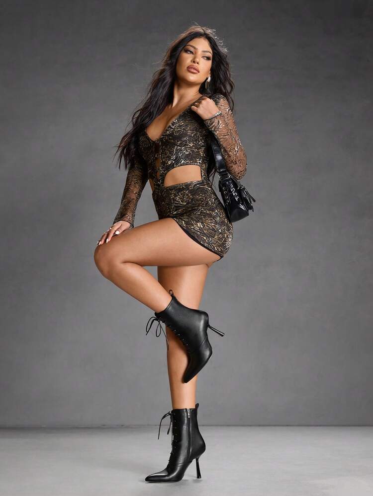 CUCCOO SZL Botas de Tornozelo Pretas Sexy e Versáteis para Mulheres, com Salto Alto Envernizado, Bico Fino, Decoração de Cadarço e Zíper Lateral