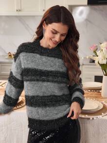 Louniche Jersey de punto con cuello redondo, manga larga y lentejuelas de color contrastante, minimalista para mujer