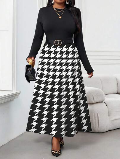 SHEIN Lady CURVE Elegant Dresses For Women Black Dress  Plus Size Women Crew Neck Long Sleeve Houndstooth Patchwork Elegant Dress
