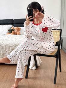 SHEIN Heart Embroidered Flannel Women Cozy Long Sleeve Top & Pants Fluffy Pajama Set, Winter Clothes - Red - View 3